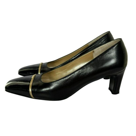 St. John Vtg Black Leather Square Patent Toe Block Heel Pumps 7.5M Made in Italy - Picture 3 of 10